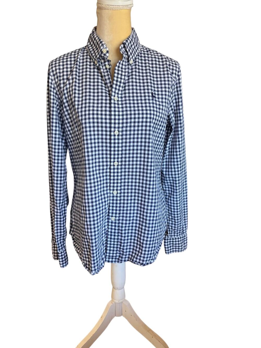 Ralph Lauren Womens Navy Check Button Up Shirt Size 14 SLIM Fit
